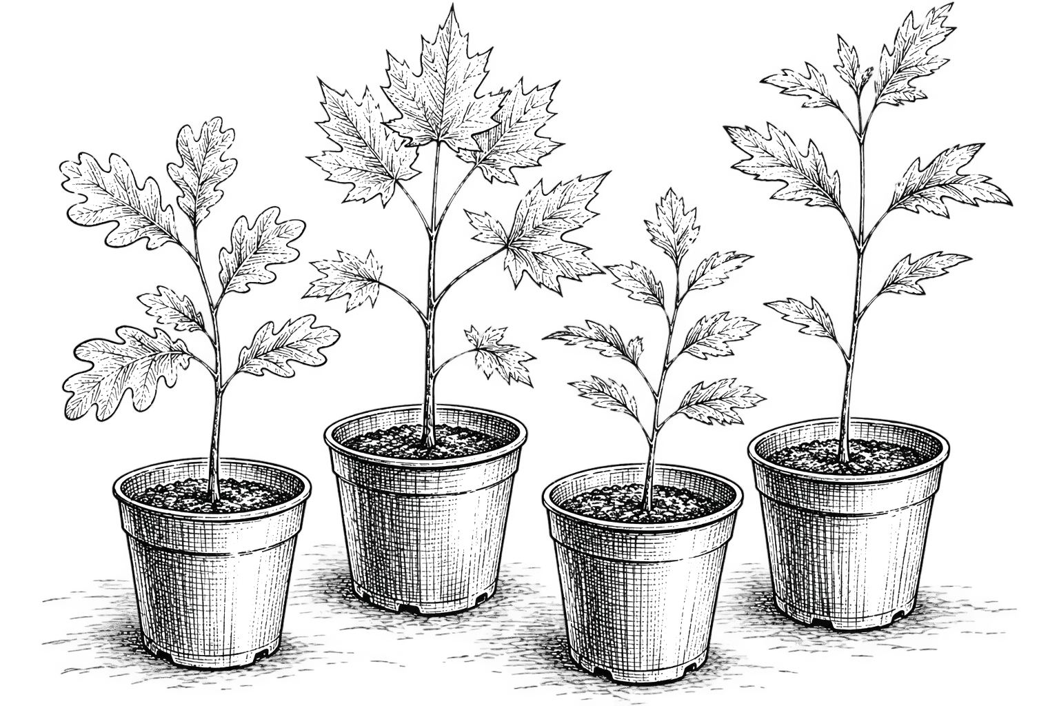 Four native tree saplings in pots, ready for distribution